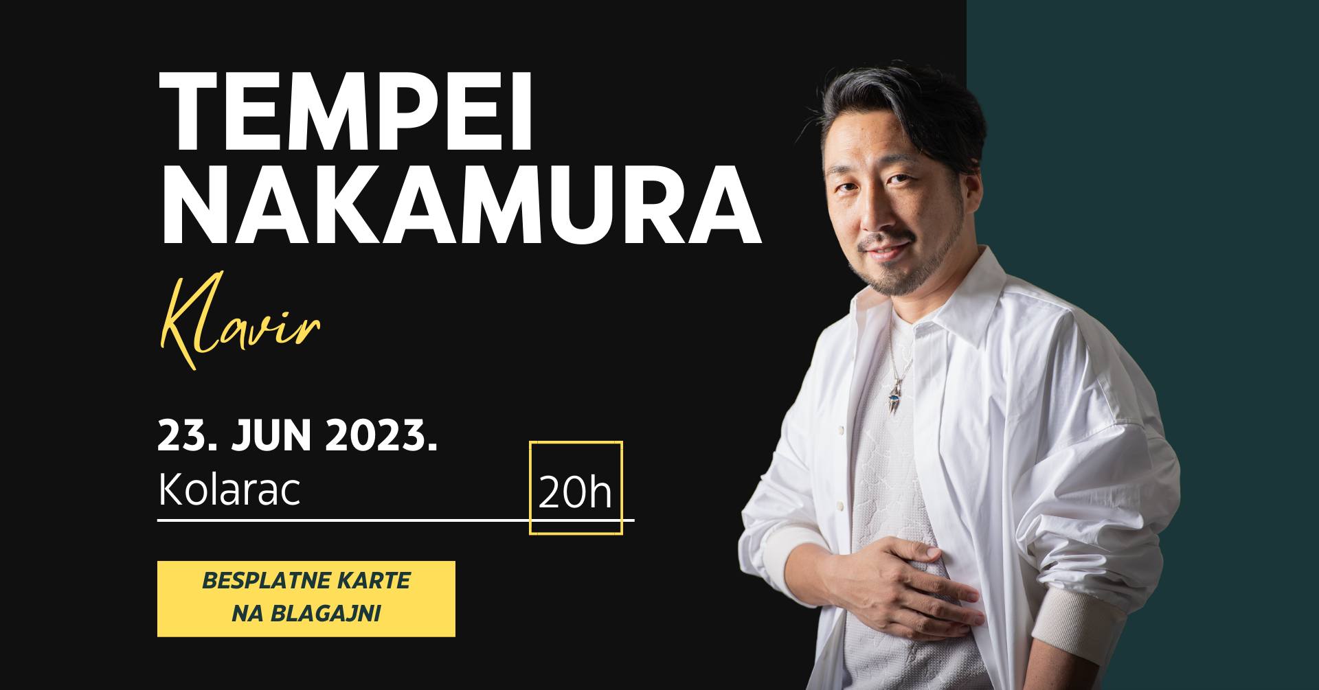 Besplatan koncert na Kolarcu – Tempei Nakamura, japanski pijanista i kompozitor 23.06.2023